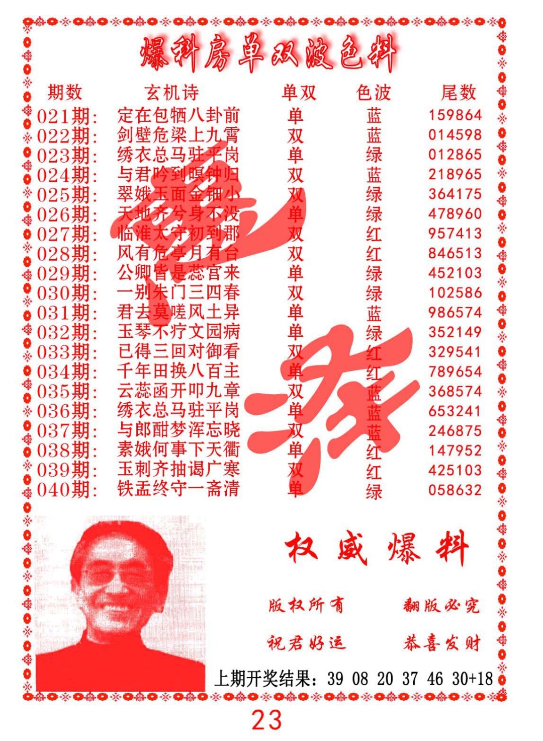 023期爆料房单双波色料[图]