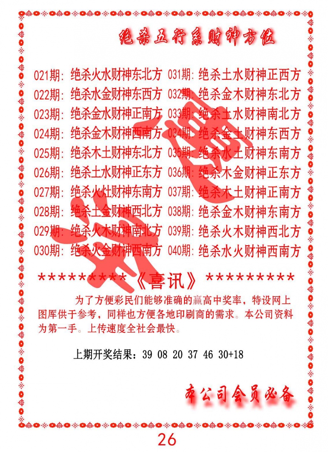 023期绝杀五行及财神方位[图]